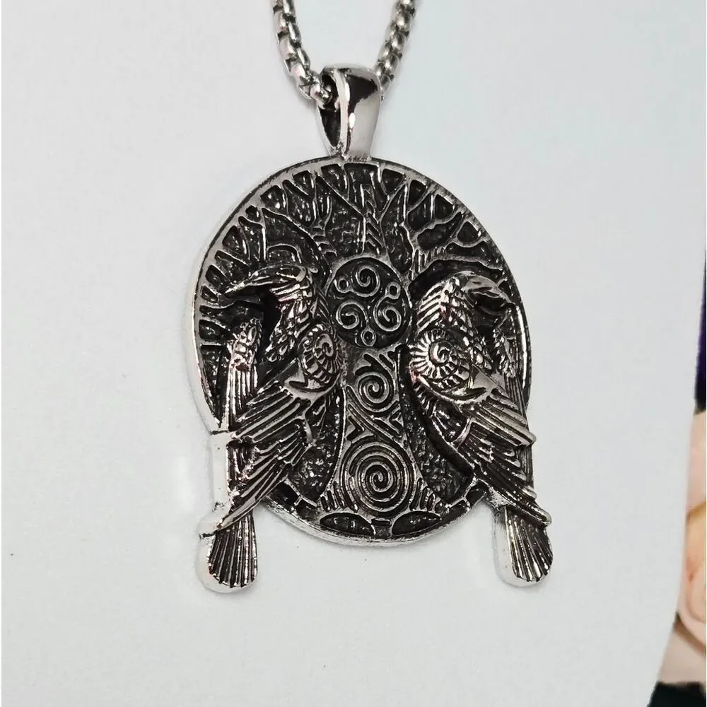 Tree of Life Raven Necklace Odin Huginn & Muninn Viking Crow Medieval Medallion